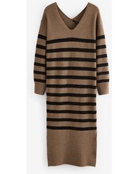 Next - Long Sleeve V-Neck Midi Ribbed Knitted Jumper Dress - Lyst