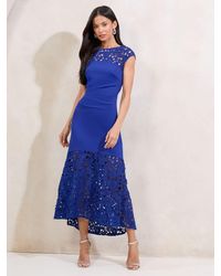 Lipsy - Floral Print Lace Mix Fit And Flare Midi Dress - Lyst