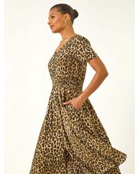 Roman - Animal Print Shirred Midi Dress - Lyst