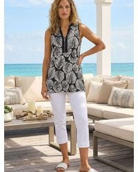 Roman - Leaf Print Zip Front Stretch Top - Lyst