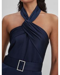 Halston - Satin Halter Neck Jumpsuit, Camel & Ecru - Lyst