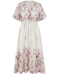 Yumi' - Mirrored Floral Button Up Midi Dress With Ruched Waist - Lyst