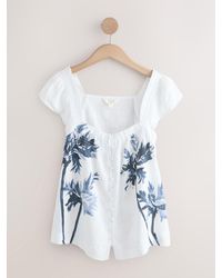 Next - Flutter Sleeve Button Front Top With Linen - Lyst