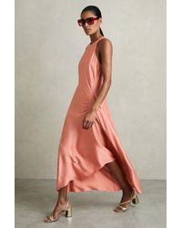 Reiss - Anessa - Coral Satin Shirred Midi Dress, Us 6 - Lyst