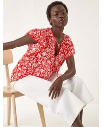 Roman - Floral Print Frill Sleeve Tie Blouse - Lyst