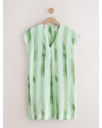 Next - Ecru Stripe Linen Blend Short Sleeve V-Neck Kaftan Mini Dress - Lyst