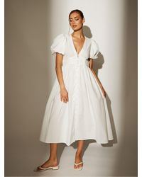South Beach - Puff Sleeve Button Detail 100% Cotton Midi Dress - Lyst