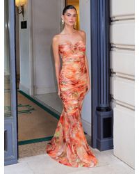 Lipsy - Floral Printed Bandeau Mesh Ruched Maxi Dress - Lyst