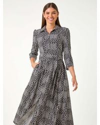 Roman - Geometric Print Tie Waist Midi Shirt Dress - Lyst