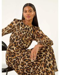 Roman - Animal Print Shirred Midi Dress - Lyst