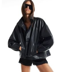 River Island - Oversized Faux Leather Funnel Jacket - Lyst