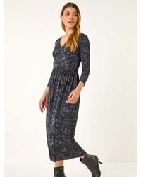 Roman - Floral Print Ruched Stretch Midi Dress - Lyst
