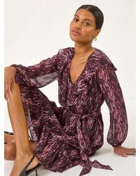 Roman - Animal Print Frill V-Neck Dress - Lyst