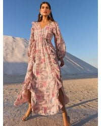 Love & Roses - V & A I Printed Metallic Ruffle V-Neck Midi Dress - Lyst