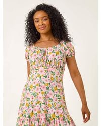 Roman - Petite Floral Print Frill Stretch Dress - Lyst