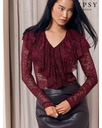 Lipsy - Burgundy Lace Ruffle Long Sleeve Top - Lyst