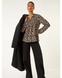 Roman - Animal Print Shirred Tie Neck Blouse - Lyst
