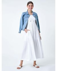 Roman - Cotton Blend Lace Detail Midi Dress - Lyst