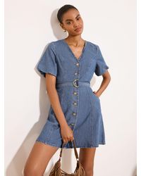 Lipsy - Puff Sleeve Denim Mini Dress - Lyst