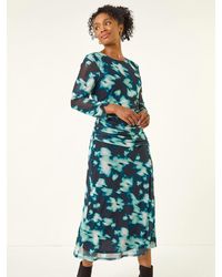 Roman - Petite Print Mesh Ruched Midi Dress - Lyst