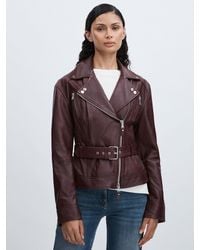PAIGE - Dark Oxblood Leather Belted Moto Jacket - Lyst