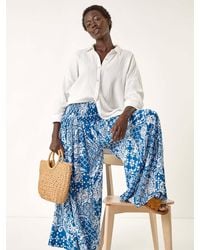 Roman - Printed Shirred Wide Leg Trousers - Lyst