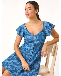Roman - 100% Cotton Denim Print Buttoned Mini Dress - Lyst