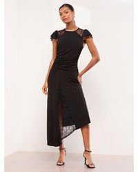Lipsy - Lace Insert Ruched Asymmetrical Fit And Flare Midi Dress - Lyst