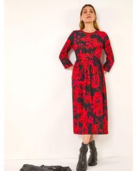 Roman - Rose Print Gathered Stretch Midi Dress - Lyst