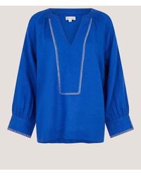 Monsoon - Frida V-Neck Linen Long Sleeve Blouse With Contrast Stitching - Lyst
