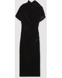 Reiss - Velvet Draped-Neck Ruched Midi Dress - Lyst