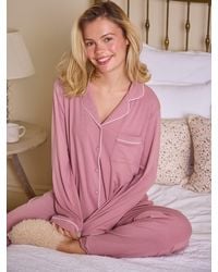 Loungeable - Dusty/ Trim Long Sleeve Soft Rib Button Through Pyjamas - Lyst