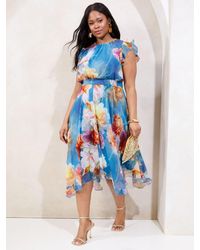 Lipsy - Curve Floral Printed Frill Sleeve Fit And Flare Midi Dress - Lyst