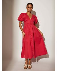 South Beach - Puff Sleeve Button Detail 100% Cotton Midi Dress - Lyst