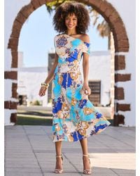 Sosandar - Baroque Print Off The Shoulder Fit & Flare Midi Dress - Lyst