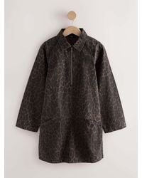 Next - Leopard Zip Front Long Sleeve Denim Mini Dress - Lyst