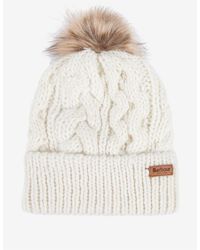Barbour - Cable Knit Faux Fur Pom Beanie Logo Hat - Lyst