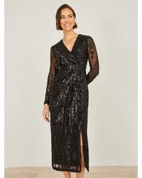 Yumi' - Sequin Midi Wrap Dress With Split Hemline And Long Sleeves - Lyst