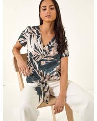Roman - Petite Buttoned Tie Front Top - Lyst