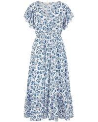 Yumi' - Floral Printed Broderie Anglaise Ruched Waist Midi 100% Cotton Dress - Lyst