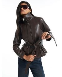 River Island - Faux Leather Belted Funnel Neck Jacket - Lyst