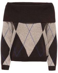 ONLY - Argyle Off Shoulder Knitted Jumper - Lyst