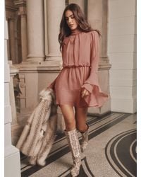 Lipsy - Print Lace Insert And Studs Long Sleeve High Neck Waisted Mini Dress - Lyst