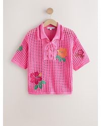 Next - Cotton Mesh Knit Lace-Up Polo Top - Lyst