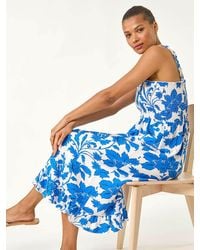 Roman - Floral Print Shirred Midi Dress - Lyst