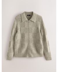 Next - Relaxed Fit Checkerboard Textured Knit Zip Through Collared Cardigan With Wool - Lyst