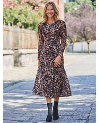 Sosandar - Animal Print Mesh Ruched Waist Fit And Flare Dress - Lyst