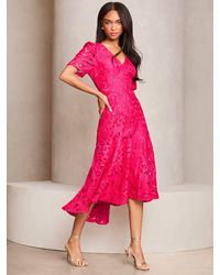 Lipsy - Premium Broderie Lace Short Sleeve V Neck High Low Midi Dres - Lyst