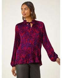 Roman - Animal Print Tie Neck Pleated Top - Lyst