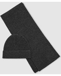 Reiss - Gs - Charcoal Grey Hollis Gs Merino Wool-blend Rib-knit Scarf And Beanie Set, One - Lyst